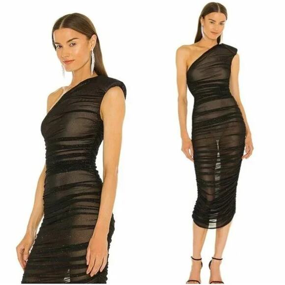 Bronx and Banco Maya One Shoulder Midi Dress Sheer Glitter Mesh Ruched Black - Picture 1 of 13